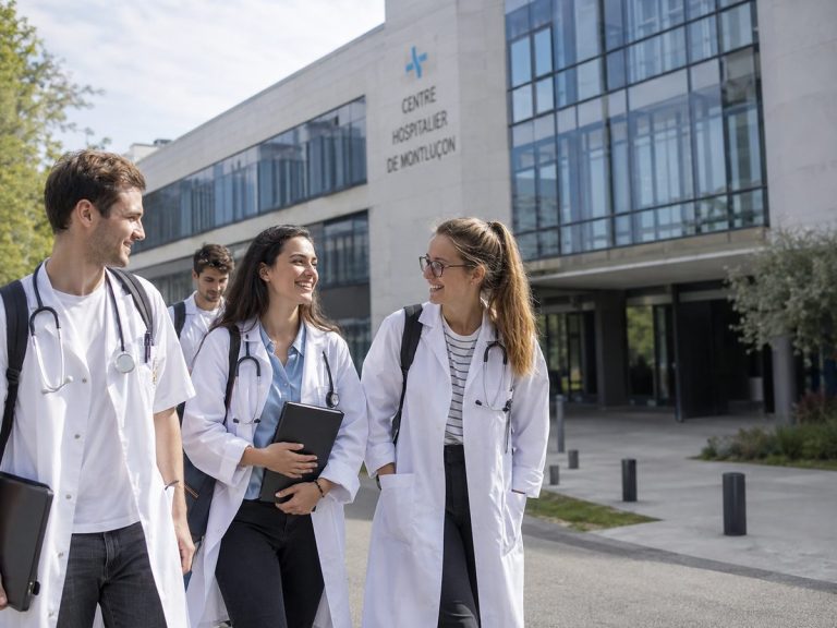 Étudiants en médecine devant le Centre Hospitalier de Montluçon, symbole de la lutte contre les déserts médicaux.