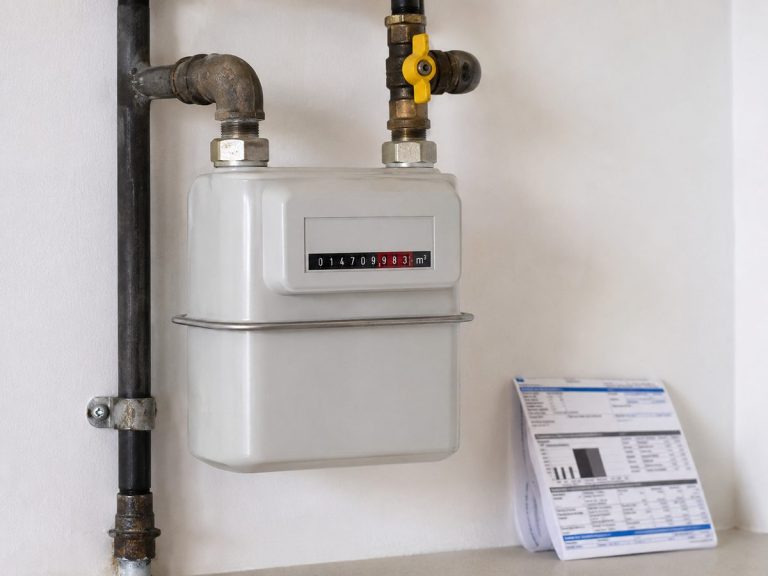 Compteur de gaz domestique et facture en premier plan illustrant la hausse des prix du gaz liée aux certificats de production de biogaz en 2026