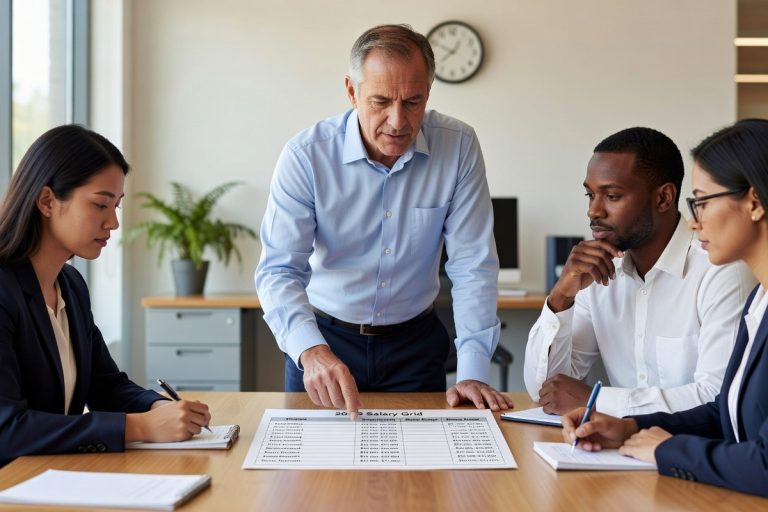 Expert-comptable présente grille minima salaires 2026 à équipe lors d'un briefing dynamique.