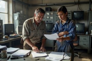 Représentant syndical examinant les nouveaux barèmes salariaux avec un technicien