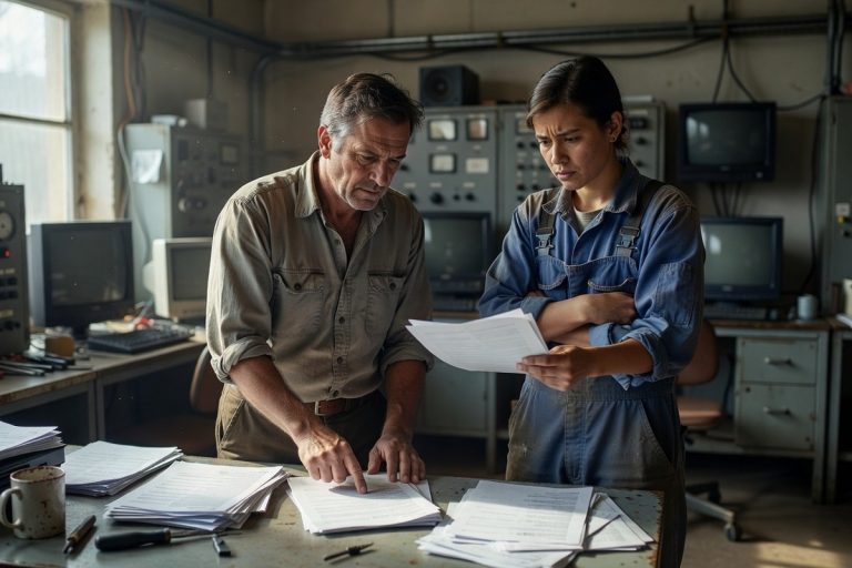 Représentant syndical examinant les nouveaux barèmes salariaux avec un technicien