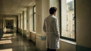 Médecin en blouse blanche regardant par la fenêtre d'un couloir d'hôpital français