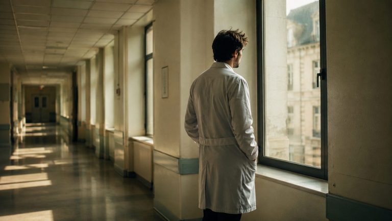 Médecin en blouse blanche regardant par la fenêtre d'un couloir d'hôpital français