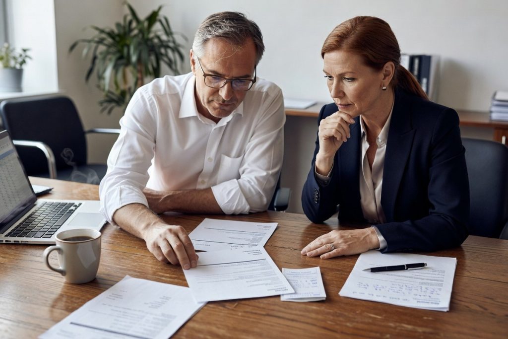 Comptable lettrant facture client avec encaissement bancaire, observé par entrepreneur attentif.