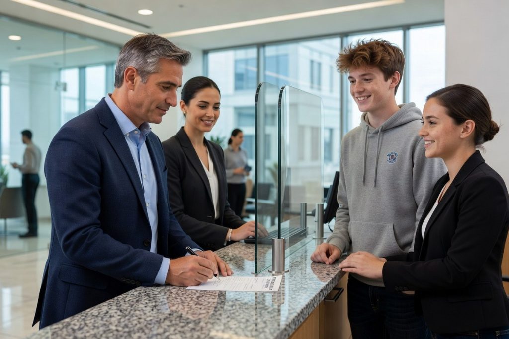 Père signe bordereau de retrait pour son fils adolescent au guichet bancaire moderne.