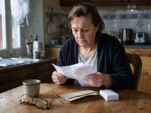 Patiente en ALD examinant son ordonnance et un ticket de pharmacie face à la baisse de remboursement des médicaments en 2026