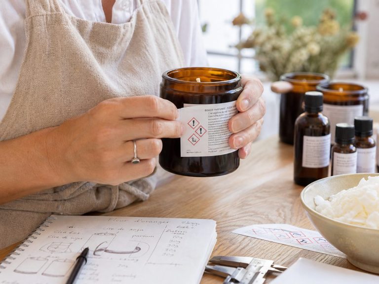 Artisane française appliquant une étiquette CLP conforme avec pictogramme danger sur une bougie parfumée dans son atelier