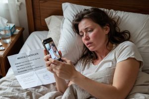 Femme malade au lit photographie arrêt de travail avec téléphone pour employeur urgent