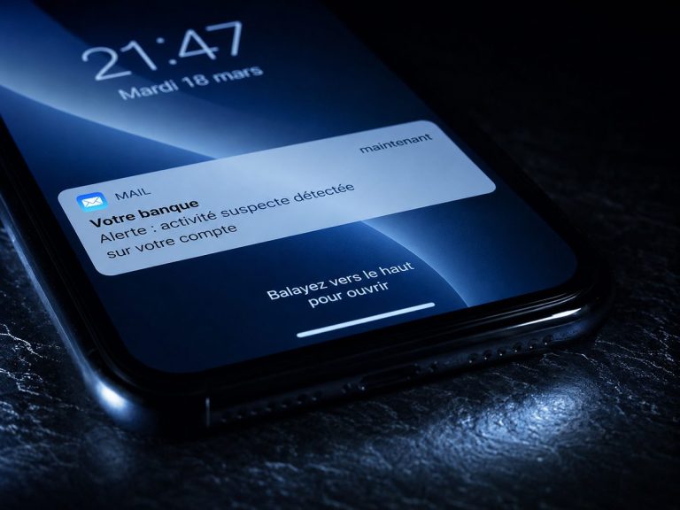Écran de smartphone affichant une notification d'e-mail bancaire frauduleux