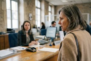 Cliente inquiète au guichet d'une banque française discutant avec un conseiller