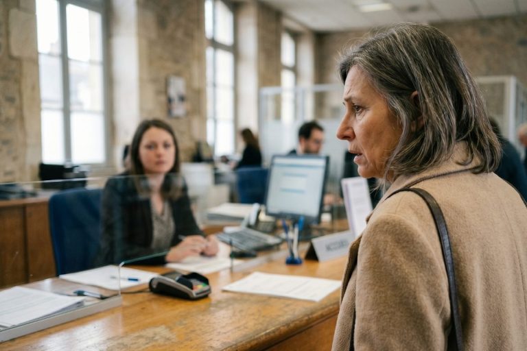 Cliente inquiète au guichet d'une banque française discutant avec un conseiller