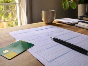Déclaration d'impôts et carte de mutuelle santé posées sur un bureau en bois