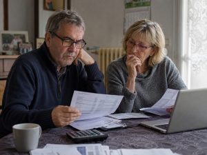Un couple de sexagénaires examine ses relevés bancaires et un courrier de retraite à la table de la cuisine, illustrant l'inquiétude sur l'avenir des pensions en France