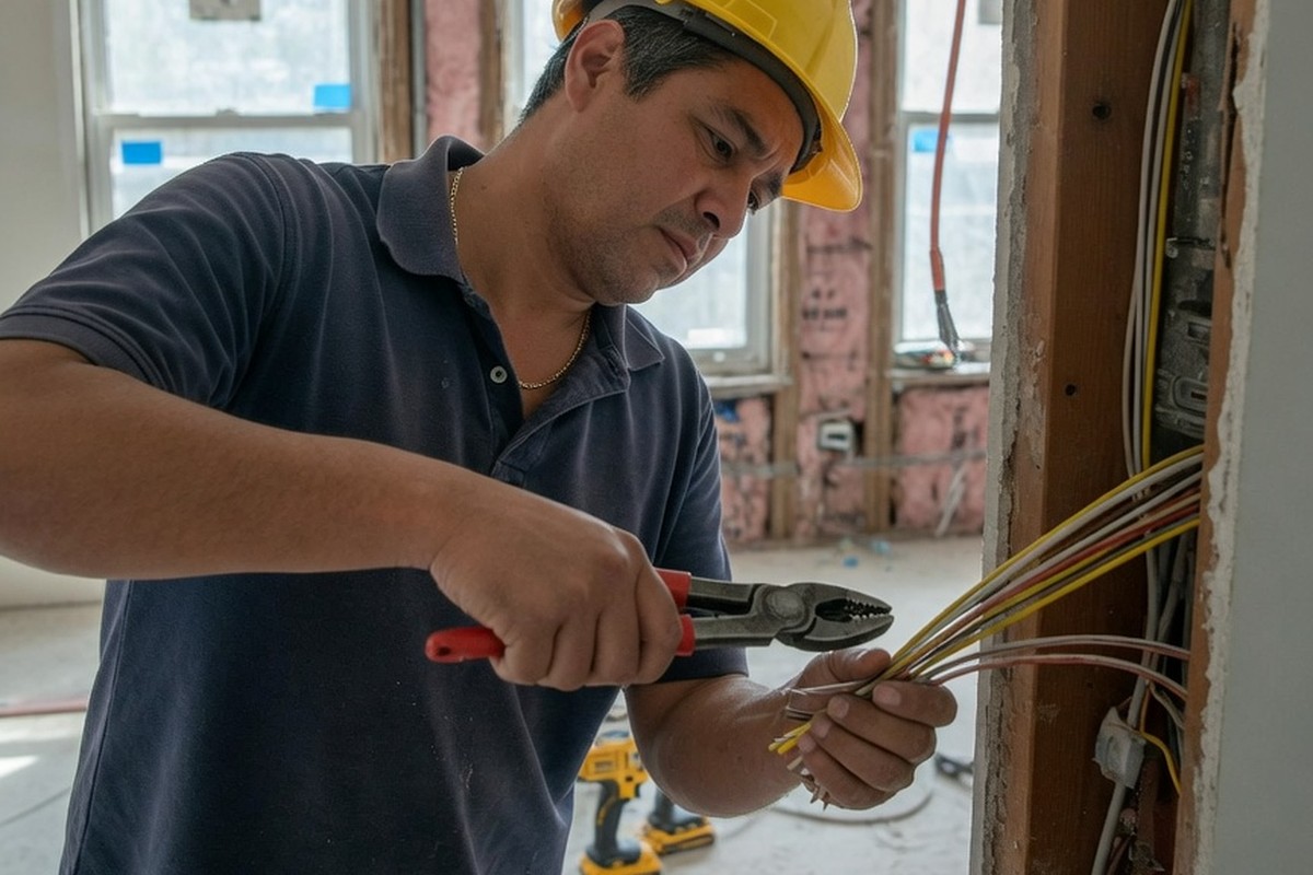 Électricien reliant des câbles dans un logement en travaux