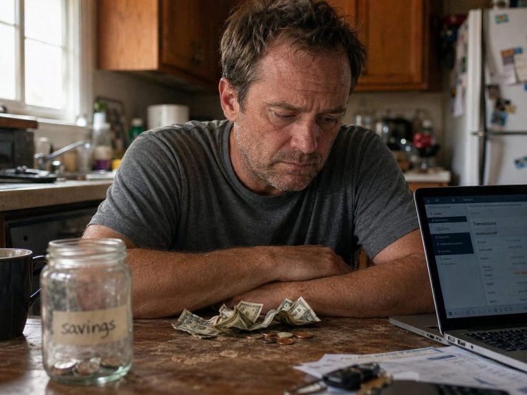 Un Américain inquiet compte les quelques billets qu'il lui reste à sa table de cuisine, illustrant la chute de l'épargne des ménages aux États-Unis