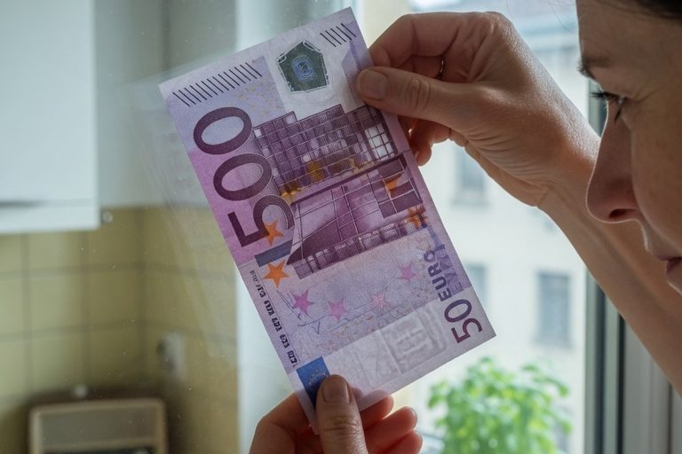 Femme vérifiant un billet de 500 euros à la lumière du jour