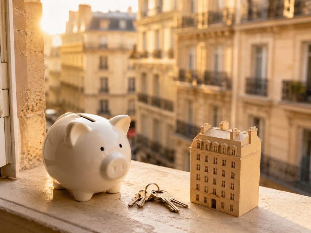 Tirelire et petite maquette d'immeuble symbolisant l'investissement immobilier avec un petit budget