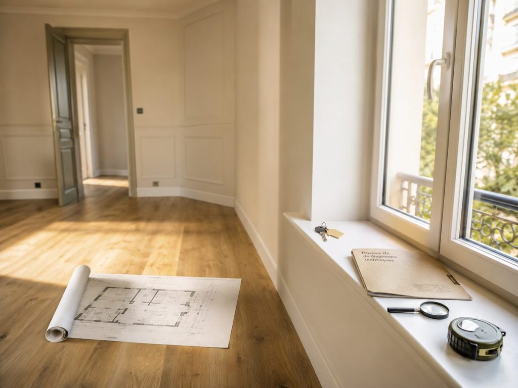 Clés, dossier de diagnostics et loupe sur le rebord d'une fenêtre dans un appartement vide rénové, illustrant les vérifications avant un investissement immobilier