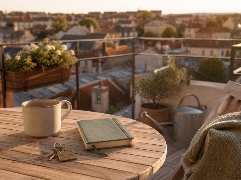 Terrasse ensoleillée avec café, carnet et clés donnant sur les toits d'une ville française, illustrant la rente immobilière et le revenu passif