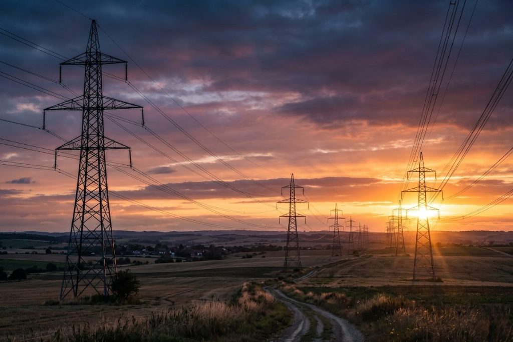 Pylônes électriques haute tension au coucher du soleil dans la campagne française