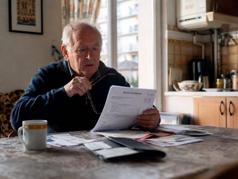 Retraité examinant son relevé de pension et ses factures à la table de la cuisine