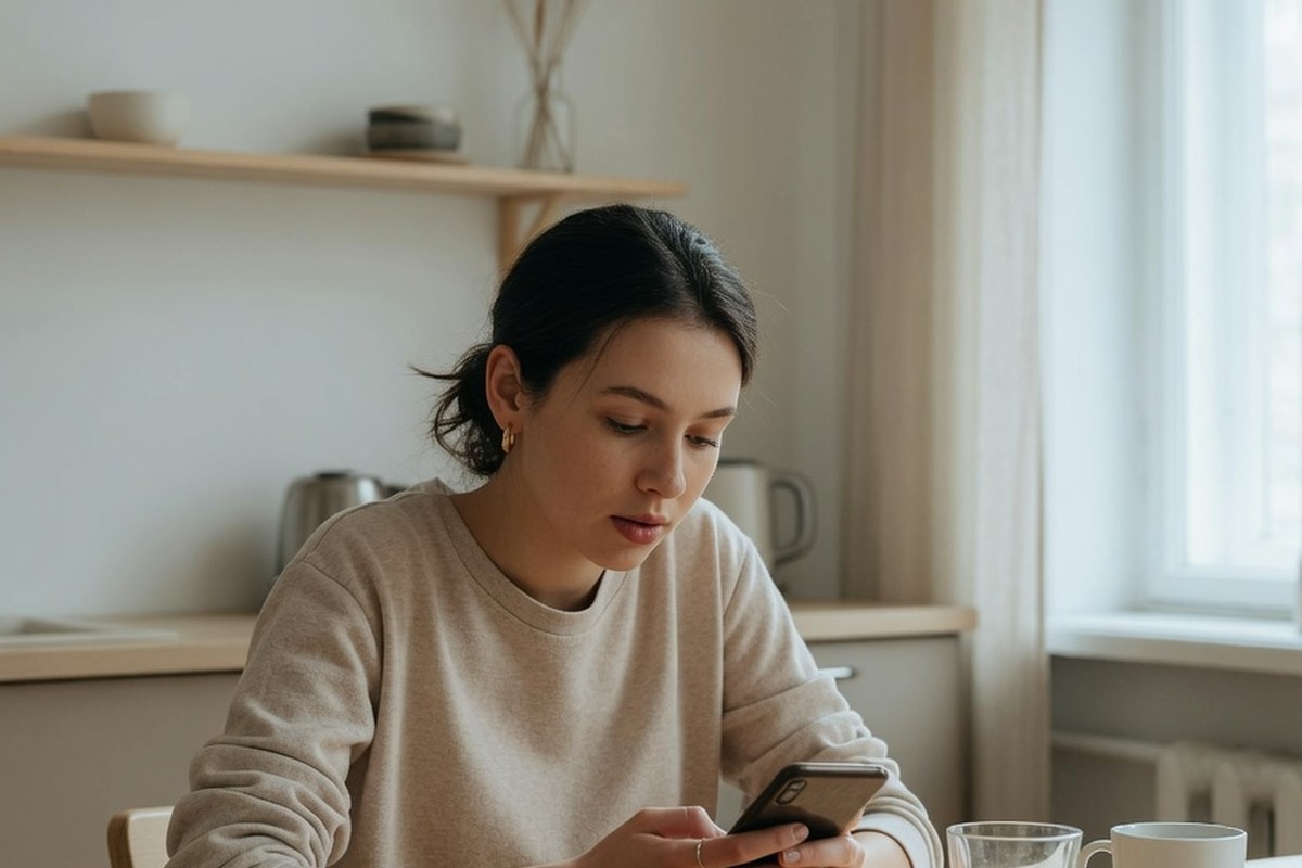 Femme consultant son smartphone à une table en cuisine sous lumière naturelle.