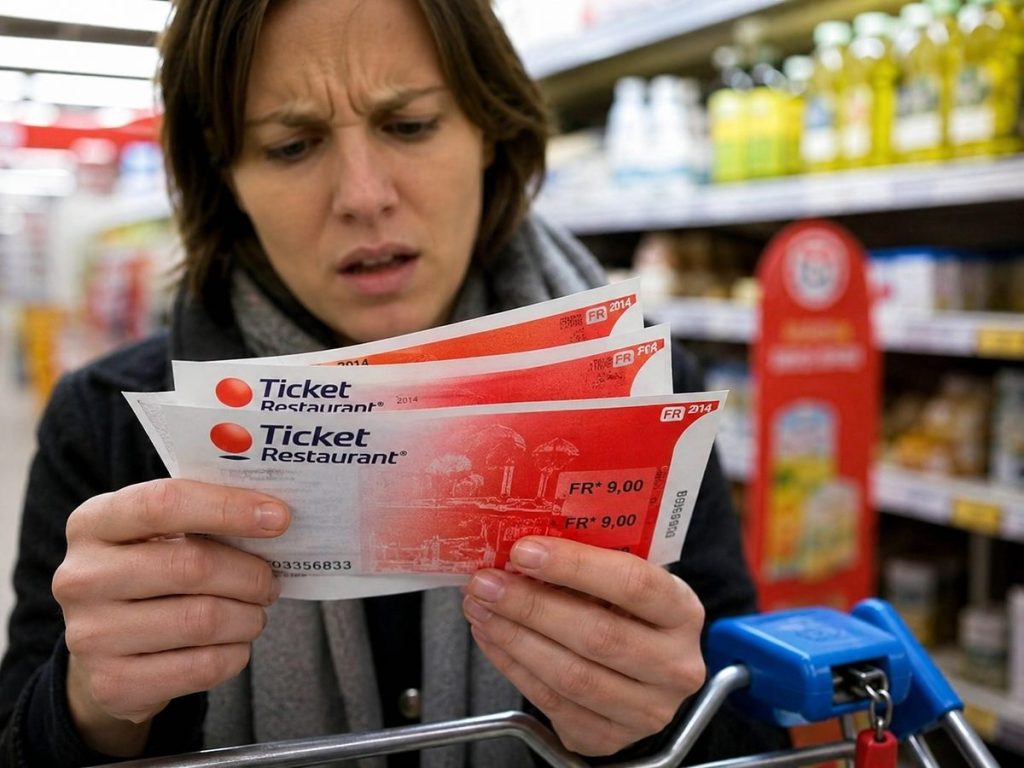 Client payant ses courses avec des titres-restaurant dans un supermarché français