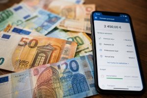 Billets en euros et smartphone affichant application bancaire