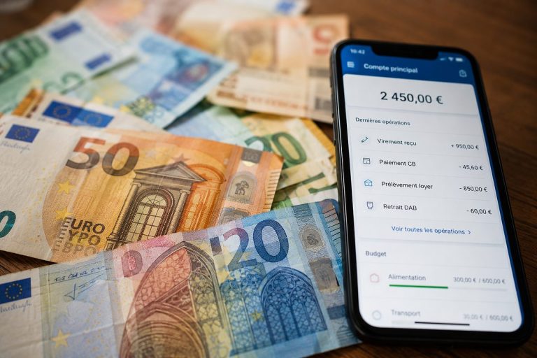 Billets en euros et smartphone affichant application bancaire