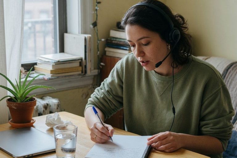 Femme avec casque prenant des notes à table dans un appartement