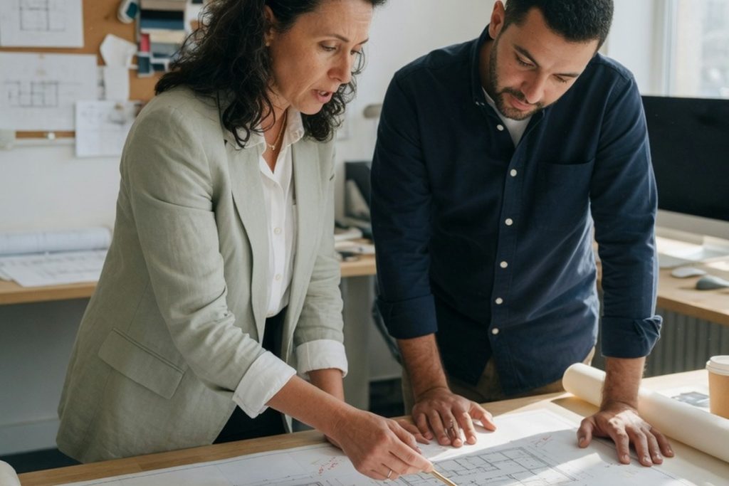 Architecte et collègue consultant un barème officiel sur table
