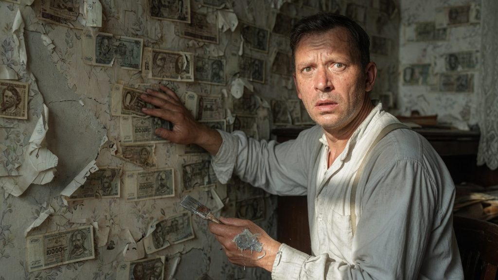 Homme sidéré collant des billets de banque au mur d'un salon