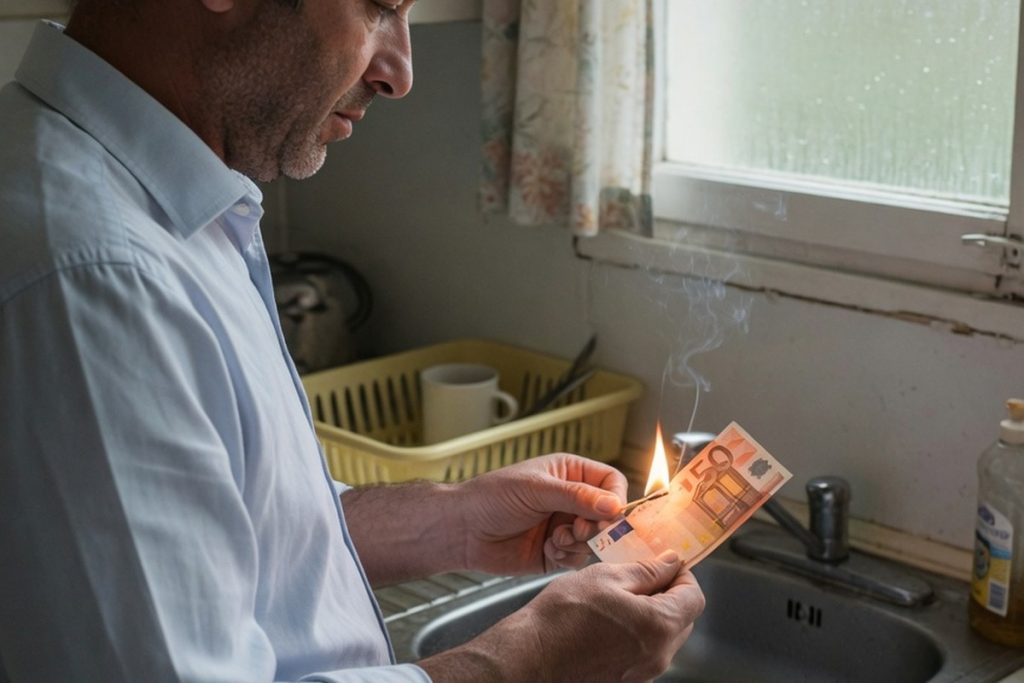 Homme brûlant un billet de banque au-dessus d'un évier dans une cuisine.