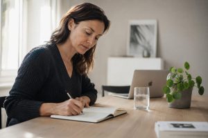 Adulte concentré qui révise sa formation professionnelle à un bureau lumineux avec carnet, ordinateur portable et verre d'eau