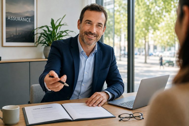 Un courtier en assurance en costume discutant avec un client dans un bureau lumineux, des contrats et un ordinateur portable posés sur la table, ambiance professionnelle et confiante.