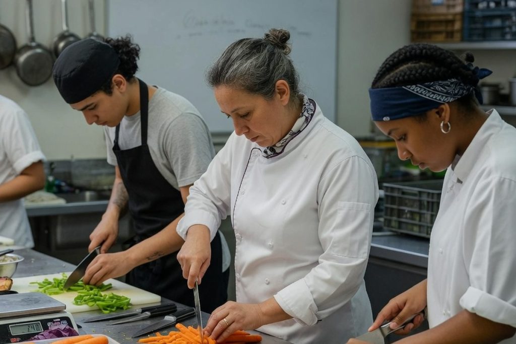 Cuisiniers en action dans un atelier professionnel lumineux