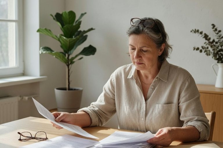 Femme examinant des papiers financiers à une table en bois sous lumière naturelle