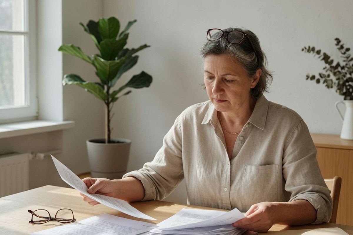 Femme examinant des papiers financiers à une table en bois sous lumière naturelle