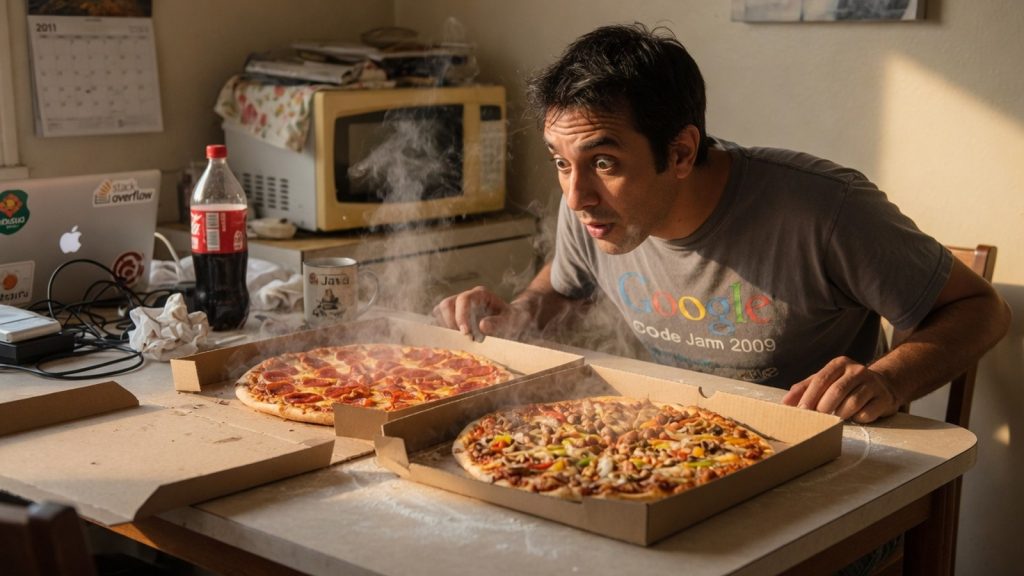 Développeur stupéfait devant deux grandes pizzas fraîches sur une table de cuisine