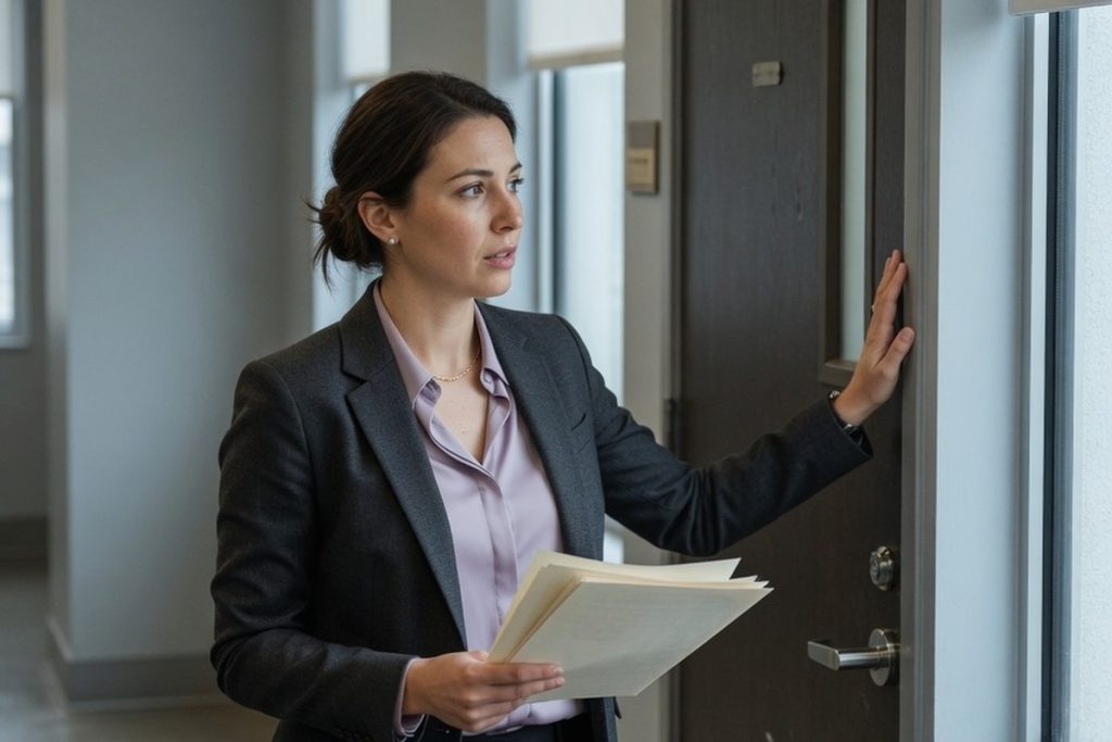 Employée attendant devant une porte close dans un couloir de bureau