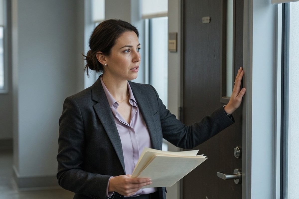 Employée attendant devant une porte close dans un couloir de bureau