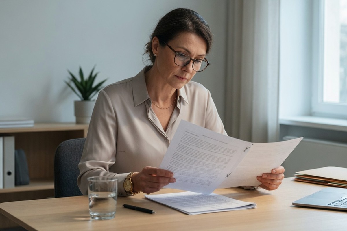 Directeur financier examinant un contrat imprimé sur un bureau en bois