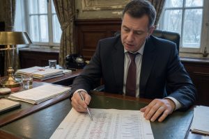 Fonctionnaire examinant des calculs de salaire sur document officiel