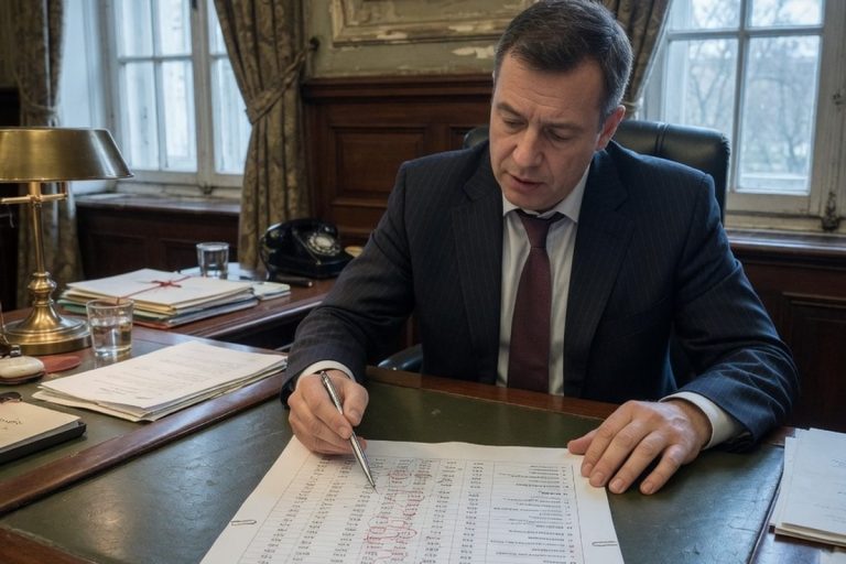 Fonctionnaire examinant des calculs de salaire sur document officiel
