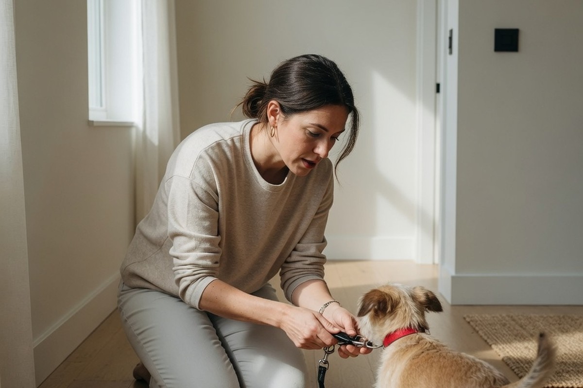 Femme attachant la laisse d'un chien dans un couloir lumineux