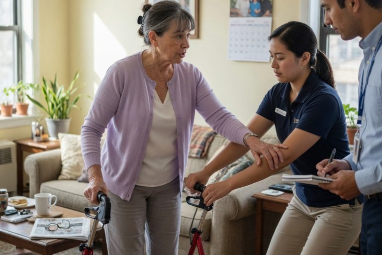 Femme senior formant deux adultes sur une aide à la mobilité dans un salon lumineux.
