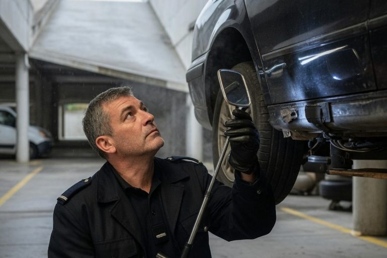 Ancien gendarme vérifiant une voiture dans un parking souterrain