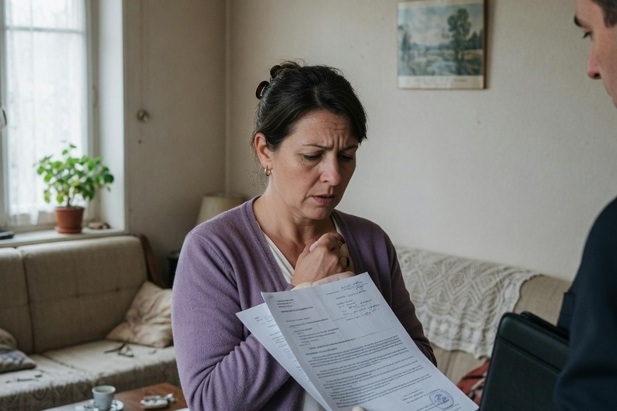 Femme recevant un document judiciaire d'un commissaire de justice