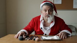 Père Noël en formation, mains bien visibles, regard concentré et sérieux