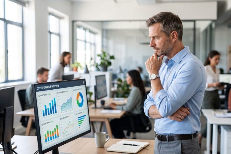 Manager analysant un tableau de bord avec des indicateurs de performance sur un écran d'ordinateur au bureau